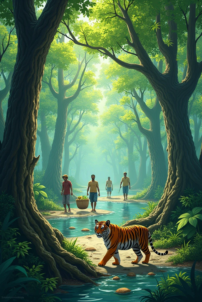 Create an illustration of a mangrove forest with a Bengal tiger and local people living their lives. Include a clear, bold slogan at the top: "Protect Sundarbans, Save Lives." The scene should show the lush greenery of the mangroves and the tiger in its natural habitat, while people engage in traditional activities like fishing or farming.