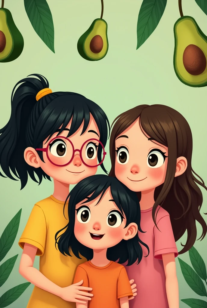 3 girls together, one with glasses and black hair tied in a ponytail, the other one with long loose black hair and the other girl with loose brown hair and a bit Chinese, avocados background pixar disney version