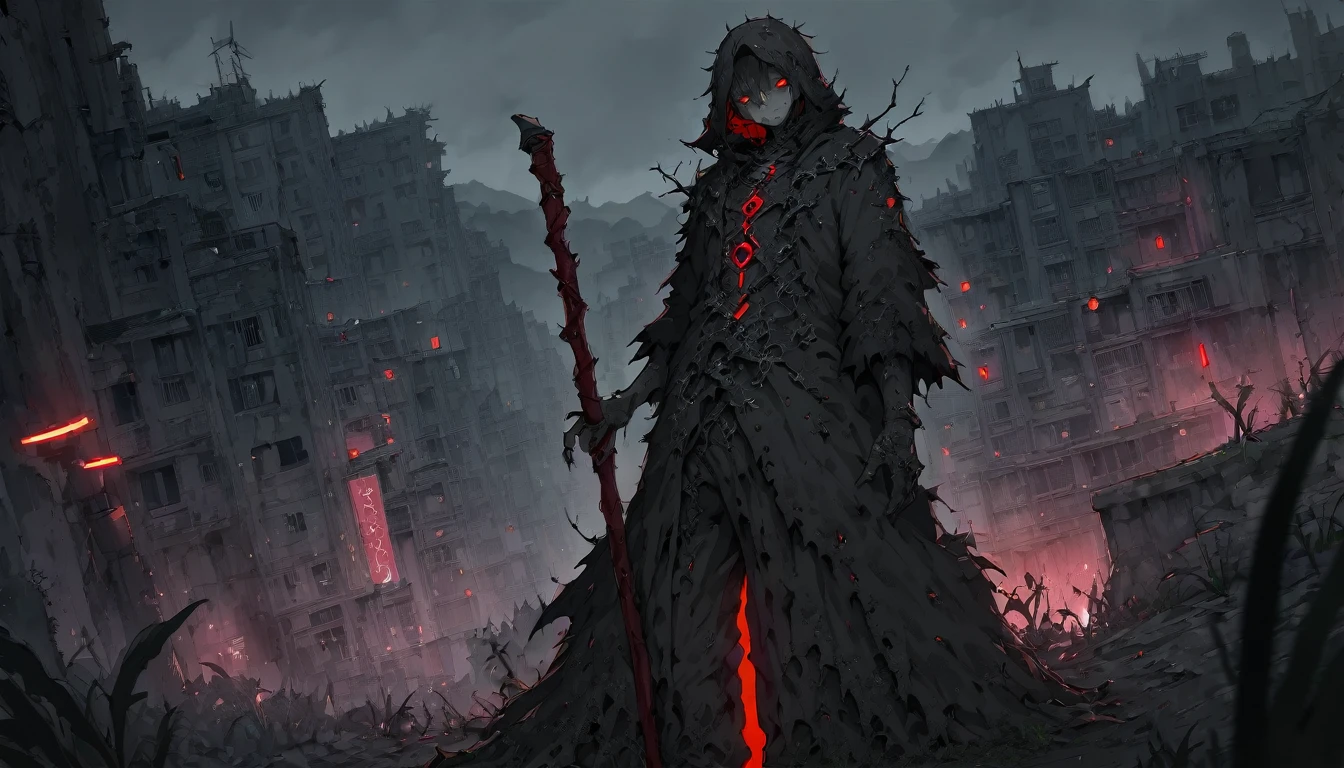 **234. One person。Slumlords and the Dilapidated City。dark+power。Cowboy shot or close-up。
masterpiece, best quality, ultra detailed (Detailed fingers), (Emotional), (Breathtakingly beautiful),
(main part: 1.2 Whole body。), (Anime Style), (Very detailed), (power的),
(超High resolution, High resolution), (8k), (High resolution: 1.2), (Complex and beautiful: 1.2)**
- background: Dilapidated slums、Asphalt road with weeds。
- character: A slumlord in gothic attire、Sharp Eyes。
-pose: stand on high ground、Overlooking the city、The walking stick he holds is symbolic。
-expression: A cold and intimidating look、A gaze that overwhelms others。
- Effects: The low-hanging mist accentuates her silhouette。
-color: Black and grey、Dark tones dotted with neon red。