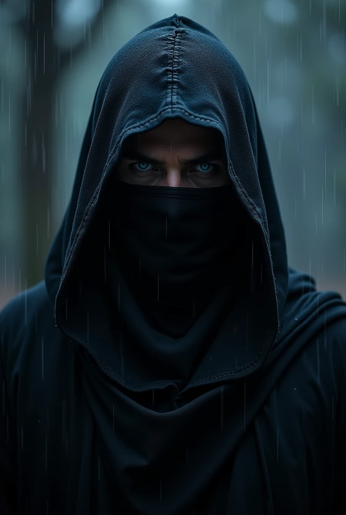 The assassin macmillan with black cloth in dark night with a black mask dark blue eyes until raining and the blood appears in his cloth


 