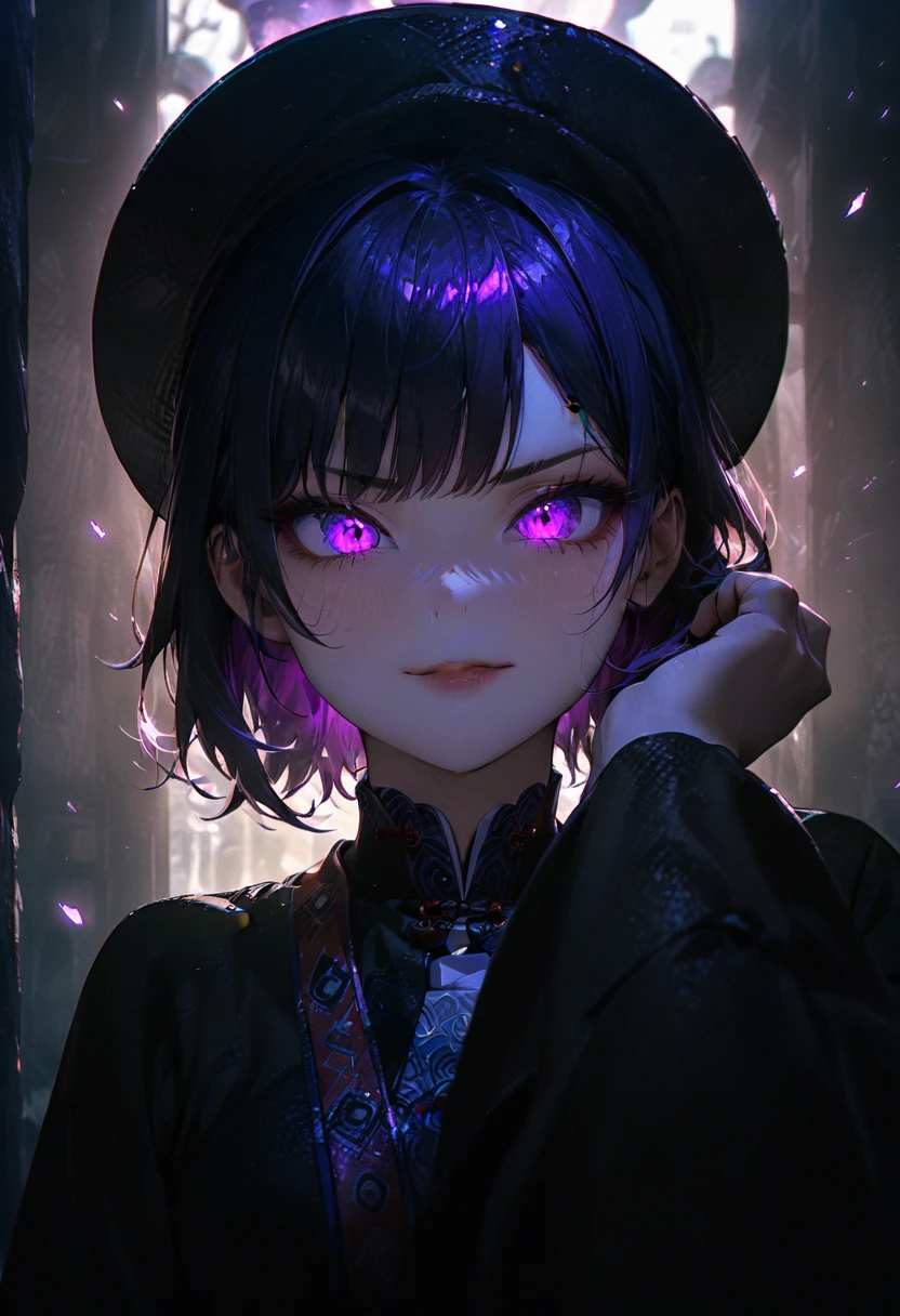 (masterpiece, best quality:1.2), super detailed, portrait, 1girl, solo, beautiful face, glowing purple eyes, detailed eyes, pretty lipstick, smirk, evil expression, standing, nhat binh clothing, hat, long sleeves, wide sleeves, POV, white fog background, soft focus