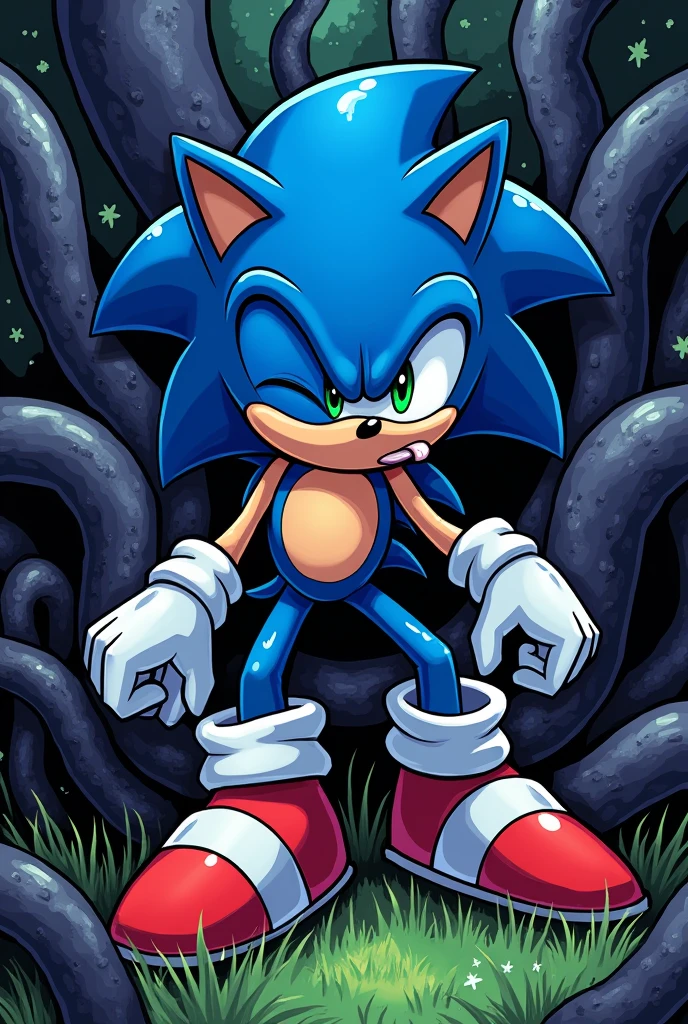 A comic of a Sexy anthropomorphic blue sonic, surrounded by black tentacles, Sonic spread legs, tentacles getting inside his ass (sonic the hedgehog universe) anthropomorphic body, cum, hentai, sonic cry, different poses, licking , sucking, sonic is touching some tentacles, IDW comic, grass