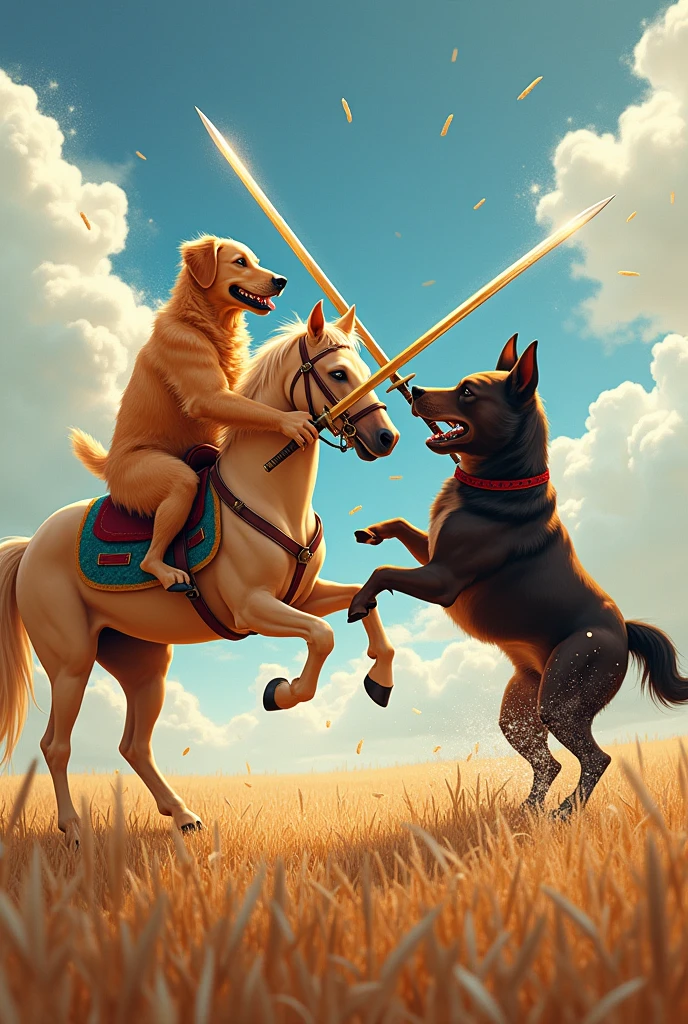 Create a Golden Retriever dog riding a horse fighting a Bull Terrier dog with licorice swords and rice rain