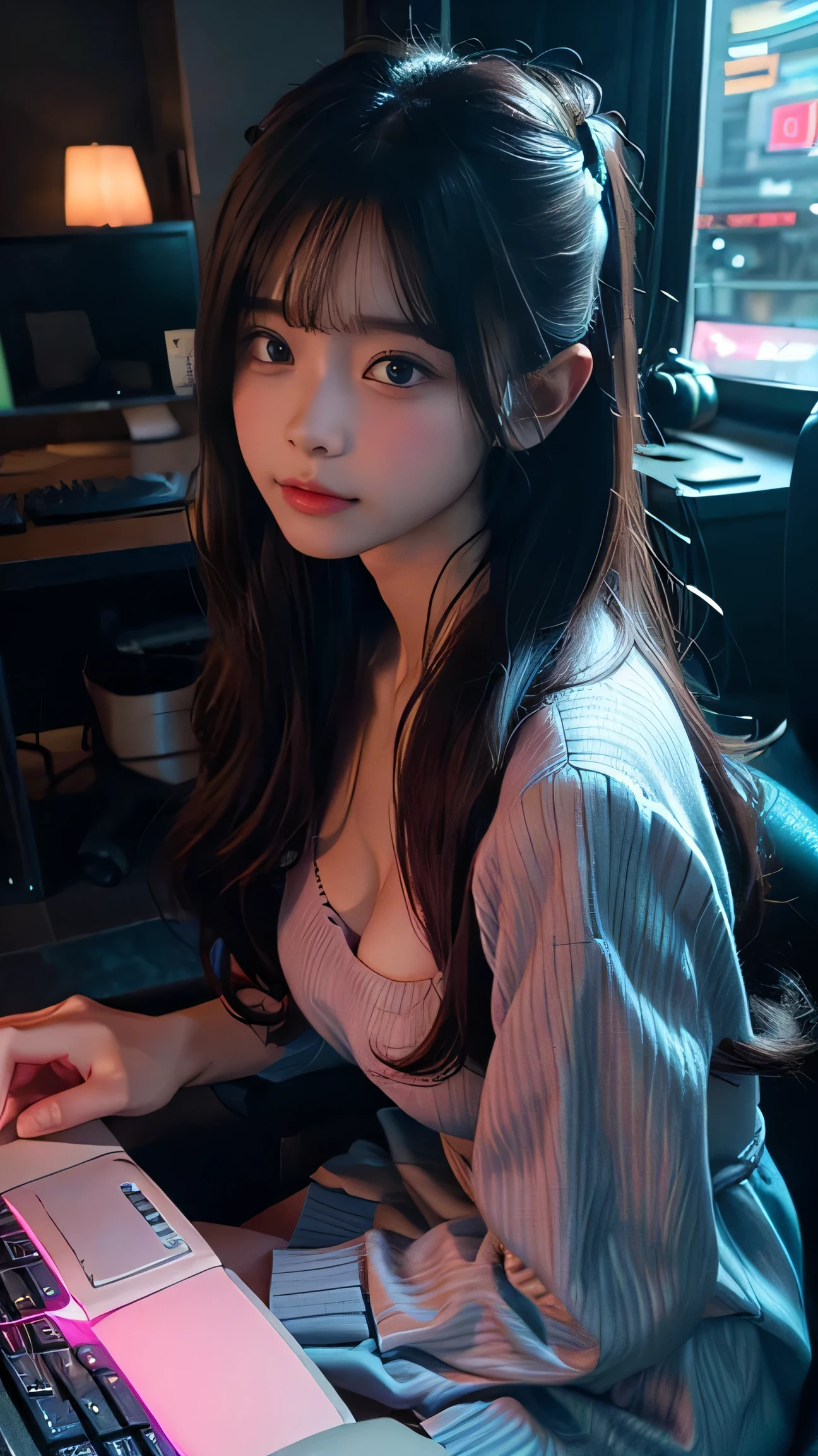 ,(masterpiece),(best quality),(photorealistic),ultra detailed,low light,dark theme,glowing neon lights,dramatic lighting,detailed eyes,
one girl,long hair,striped hair,brown eyes,,cleavage,light blue sundress,pink knee-highs,blushing,shy,
sitting,game room,gaming chair,computer,night,neon lights,gazing at viewer,dynamic angles,
hkstyle,read description,zPDXLrl,