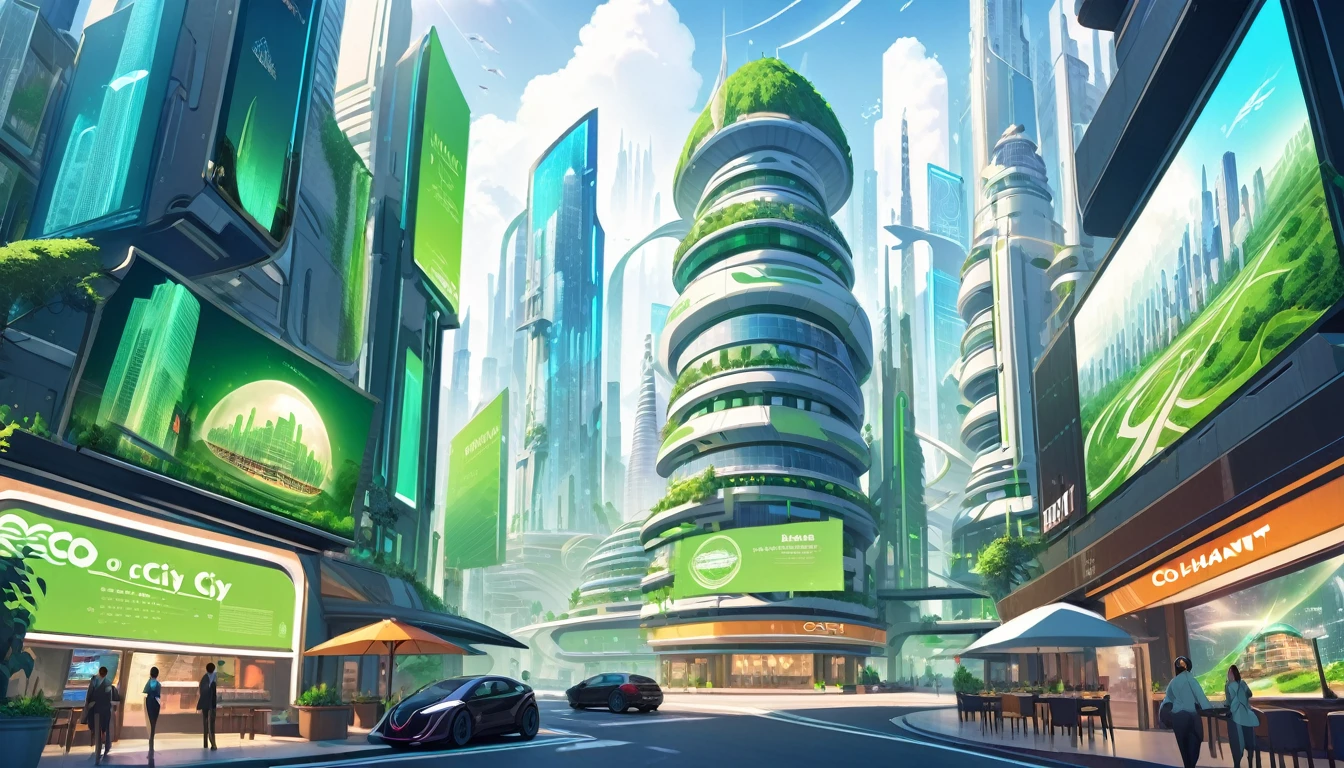 Hotel in the heights, colhante restaurant in Ecofuturist City, futuristic city, Big city full of skyscrapers and holographic screens., Advertising posters, eco City, green City.