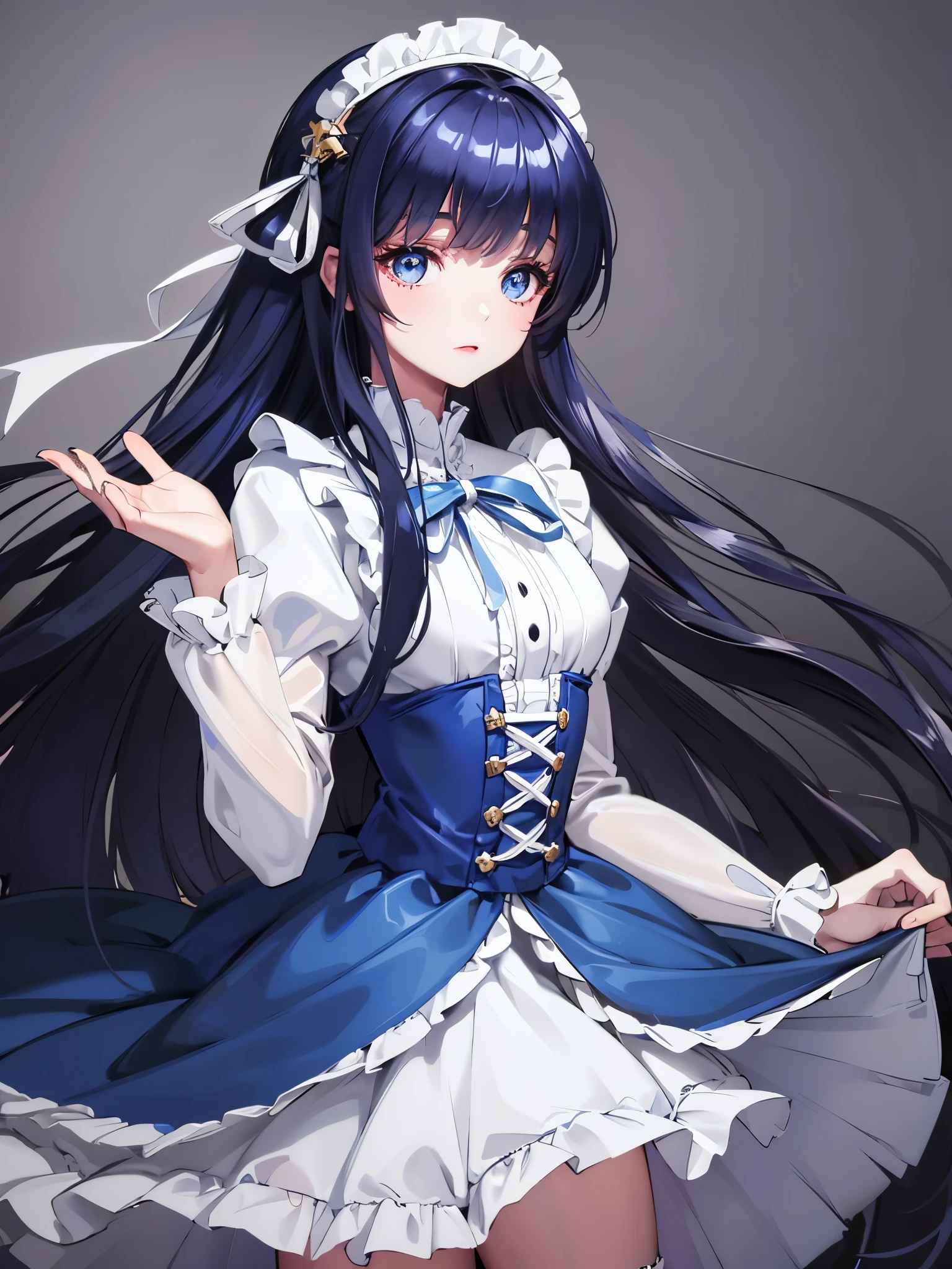 Super delicate cute girl in a ta dress with dark blue hair. 8K Ultra High Definition, Delicate texture, Pure white background.