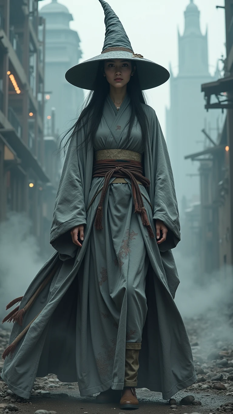 a Japanese witch , wearing a gray cloak mixed with kimono and a gray and black pointed witch hat. Behind her is a post-apocalyptic world with a dark fog. 真实感