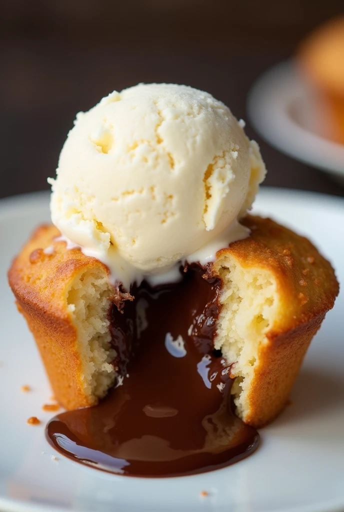 Muffin with melted chocolate inside and a scoop of vanilla ice cream on top of the muffin 
