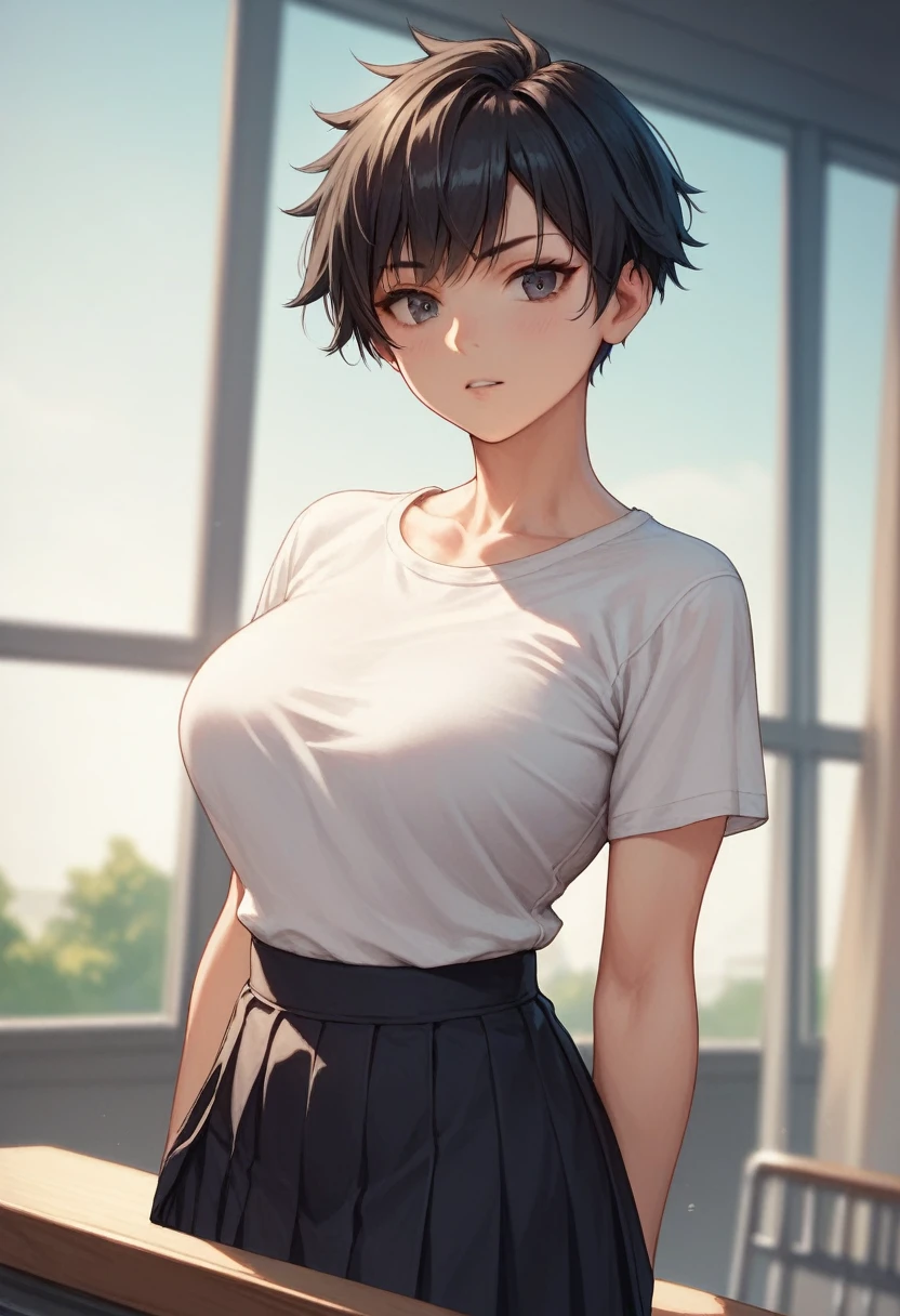 (masterpiece, best quality:1.2), (Handsome Tomboy), Girl, pale, black hair with big bangs, short hair, medium breasts, round breasts, white school shirt, black skirt