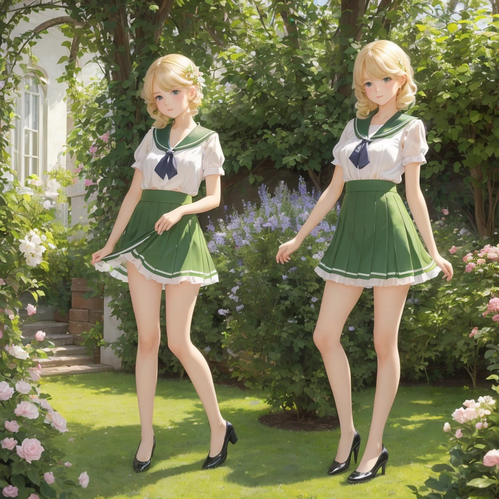 3 girls, long hair, Big , Blushing, blond, Green-eyed sailor suit short skirt 1933 style cute and beautiful girl 18 years old in the garden beautiful long legs high resolution, best quality, masterpiece, Lift skirt mini skirt take off clothes top semi-transparent, translucent underwear