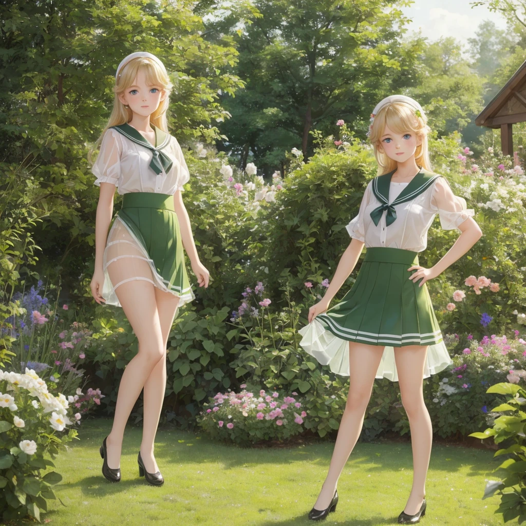3 girls, long hair, Big , Blushing, blond, Green-eyed sailor suit short skirt 1933 style cute and beautiful girl 18 years old in the garden beautiful long legs high resolution, best quality, masterpiece, Lift skirt mini skirt take off clothes top semi-transparent, translucent underwear