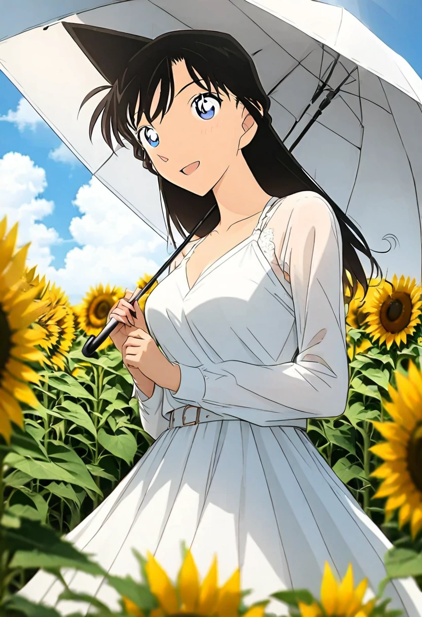 (full body photo，perfect figure:1.2) ，An anime-style beauty standing in a sunflower field。Beautiful woman wearing a white dress，Elegant skirt design，With long sleeves and belted detail。She holds a white umbrella，Black hair，Drop to shoulders。She looks relaxed and happy.，Seems to be enjoying a sunny day。The surrounding sunflowers face different directions，The background is a clear blue sky with a few clouds。The overall picture gives a sense of tranquility and summer.