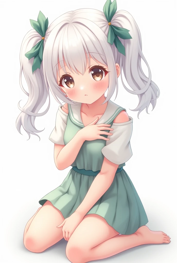 whitening skin, Completely naked,cute face, white hair with twintails, green hair band, cover your chest with your palm, sit on the floor, background white, cheeks turn red, anime style, turn away