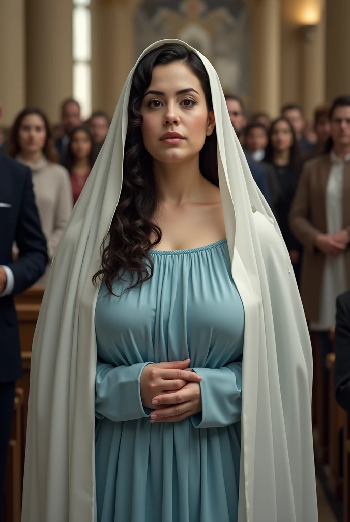 fat woman with white skin and brown eyes with almost long curly dark hair being at a mass with a white sequined veil the size of her hair, with a light blue dress Modest and long and without necklines