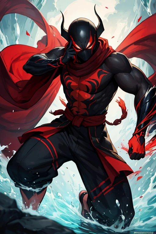 He wears a traditional ninja outfit, predominantly black, adorned with subtle red accents that symbolize the influence of the symbiote that accompanies him. The fabric is light and flexible, allowing him to move with impressive agility and utilize his combat skills with complete freedom. The nine tails that extend behind him swing gracefully, each movement reflecting his dexterity and power. His figure is that of an attractive young man, endowed with an athletic physique and fair skin that shines in the sunlight. His long, silky hair flows like water; usually black or deep brown, but reveals reddish or golden hues when illuminated by sunlight. To complement his elegant and agile appearance, he wears a light overcoat or kimono that flows around him as he moves, giving him a mystical and powerful aura. He has a red scarf that covers his face because of the influence of the symbiote.