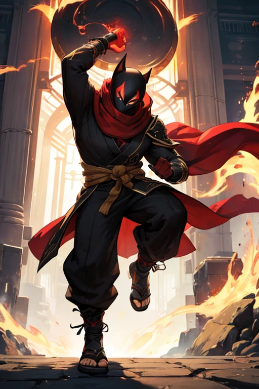 He wears a traditional ninja outfit, predominantly black, adorned with subtle red accents that symbolize the influence of the symbiote that accompanies him. The fabric is light and flexible, allowing him to move with impressive agility and utilize his combat skills with complete freedom. The nine tails that extend behind him swing gracefully, each movement reflecting his dexterity and power. His figure is that of an attractive young man, endowed with an athletic physique and fair skin that shines in the sunlight. His long, silky hair flows like water; usually black or deep brown, but reveals reddish or golden hues when illuminated by sunlight. To complement his elegant and agile appearance, he wears a light overcoat or kimono that flows around him as he moves, giving him a mystical and powerful aura. He has a red scarf that covers his face because of the influence of the symbiote.