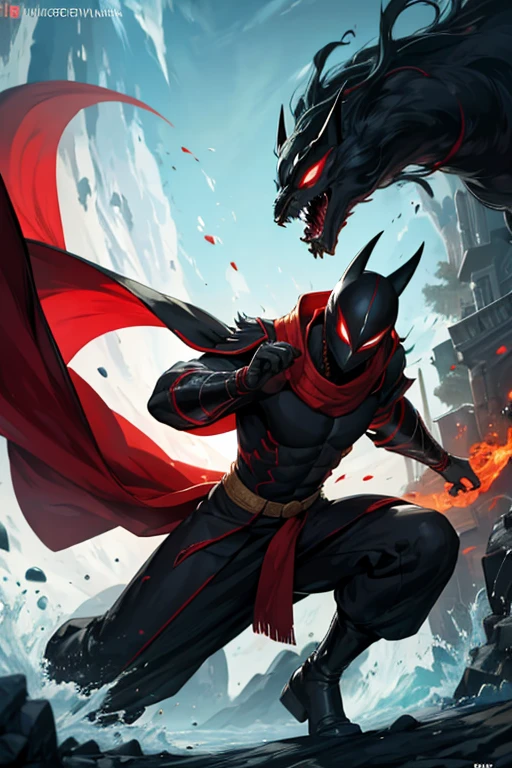 He wears a traditional ninja outfit, predominantly black, adorned with subtle red accents that symbolize the influence of the symbiote that accompanies him. The fabric is light and flexible, allowing him to move with impressive agility and utilize his combat skills with complete freedom. The nine tails that extend behind him swing gracefully, each movement reflecting his dexterity and power. His figure is that of an attractive young man, endowed with an athletic physique and fair skin that shines in the sunlight. His long, silky hair flows like water; usually black or deep brown, but reveals reddish or golden hues when illuminated by sunlight. To complement his elegant and agile appearance, he wears a light overcoat or kimono that flows around him as he moves, giving him a mystical and powerful aura. He has a red scarf that covers his face because of the influence of the symbiote.