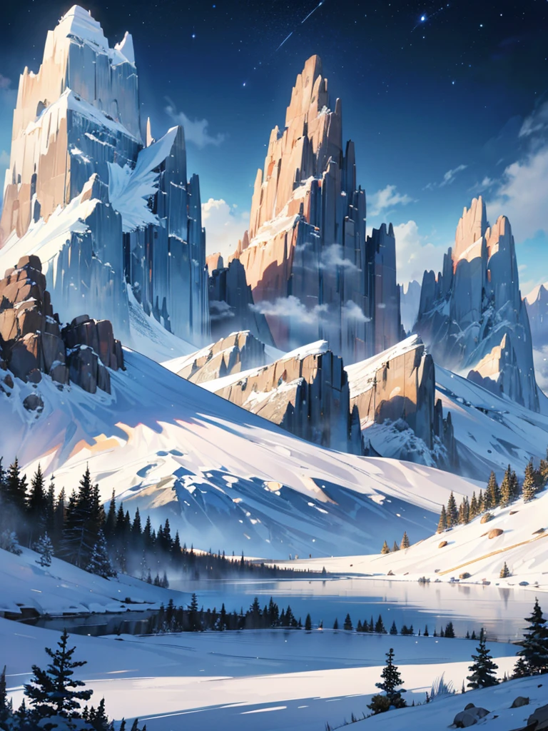 a detailed scenic landscape, a majestic snow-capped mountain range against a deep blue starry night sky, ethereal moonlight, tranquil mountain lake, fog and mist, dense forest, detailed foliage, (best quality,4k,8k,highres,masterpiece:1.2),ultra-detailed,(realistic,photorealistic,photo-realistic:1.37),landscape,dramatic lighting,cinematic,fantasy,vibrant colors,moody atmosphere