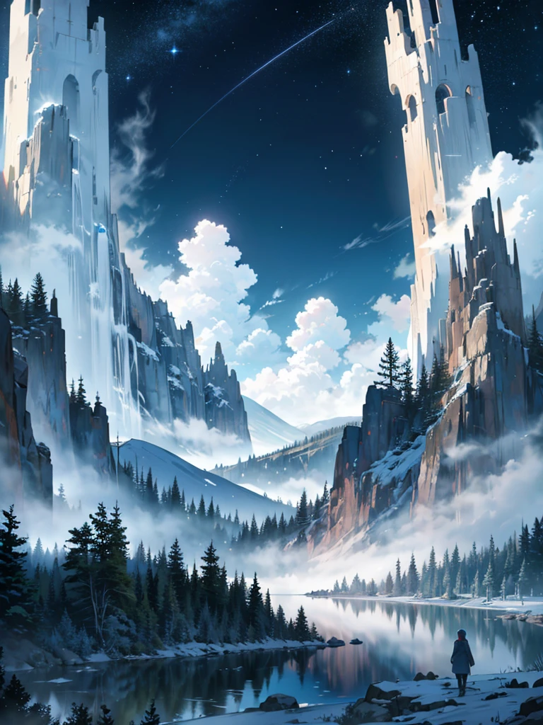 a detailed scenic landscape, a majestic snow-capped mountain range against a deep blue starry night sky, ethereal moonlight, tranquil mountain lake, fog and mist, dense forest, detailed foliage, (best quality,4k,8k,highres,masterpiece:1.2),ultra-detailed,(realistic,photorealistic,photo-realistic:1.37),landscape,dramatic lighting,cinematic,fantasy,vibrant colors,moody atmosphere