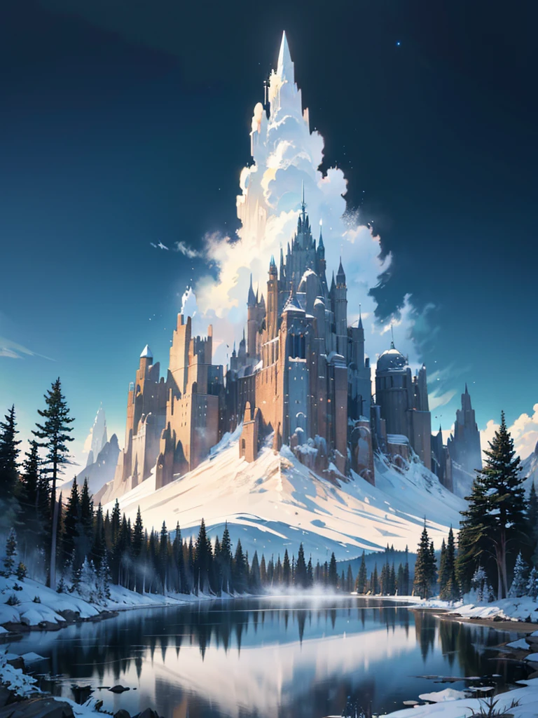 a detailed scenic landscape, a majestic snow-capped mountain range against a deep blue starry night sky, ethereal moonlight, tranquil mountain lake, fog and mist, dense forest, detailed foliage, (best quality,4k,8k,highres,masterpiece:1.2),ultra-detailed,(realistic,photorealistic,photo-realistic:1.37),landscape,dramatic lighting,cinematic,fantasy,vibrant colors,moody atmosphere
