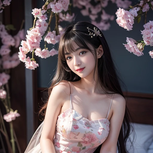 best quality, Delicate face，beautiful visual work, lifelike,  eternity, black hair, Long curly hair, blunt bangs, Smile, Detailed Background,  Delicate face，pink blush，cold，((masterpiece))、(top quality)、8k、high detail、Super detailed，21 years old female，Wearing Chinese cheongsam、Seductive and whimsical style、masterpiece、born、Scenes resembling fairy tale illustrations、Intricate details and complex designs、Beautifully、magic、capricious、 Beautifully、Dream aesthetics、「𝓡𝓸𝓶𝓪𝓷𝓽𝓲𝓬、ethereal、charming、fickle、magic」、Realism、Visual effects、FXAA、SSAO、Shaders、voiceless、ambient lighting、Tone mapping、High resolution、Ultra high quality、Million pixels、(8K resolution:1.10)、8k、Below 8K、8K resolution、high detail、intricate details， (high quality:1.2、masterpiece:1.2、:1.21)、(21 years old female:1.21)、(Smile excitedly)、(Surrounded by the dreamy atmosphere、Model diagram，full-body shot，Normal 2 feet，Don't show your fingers