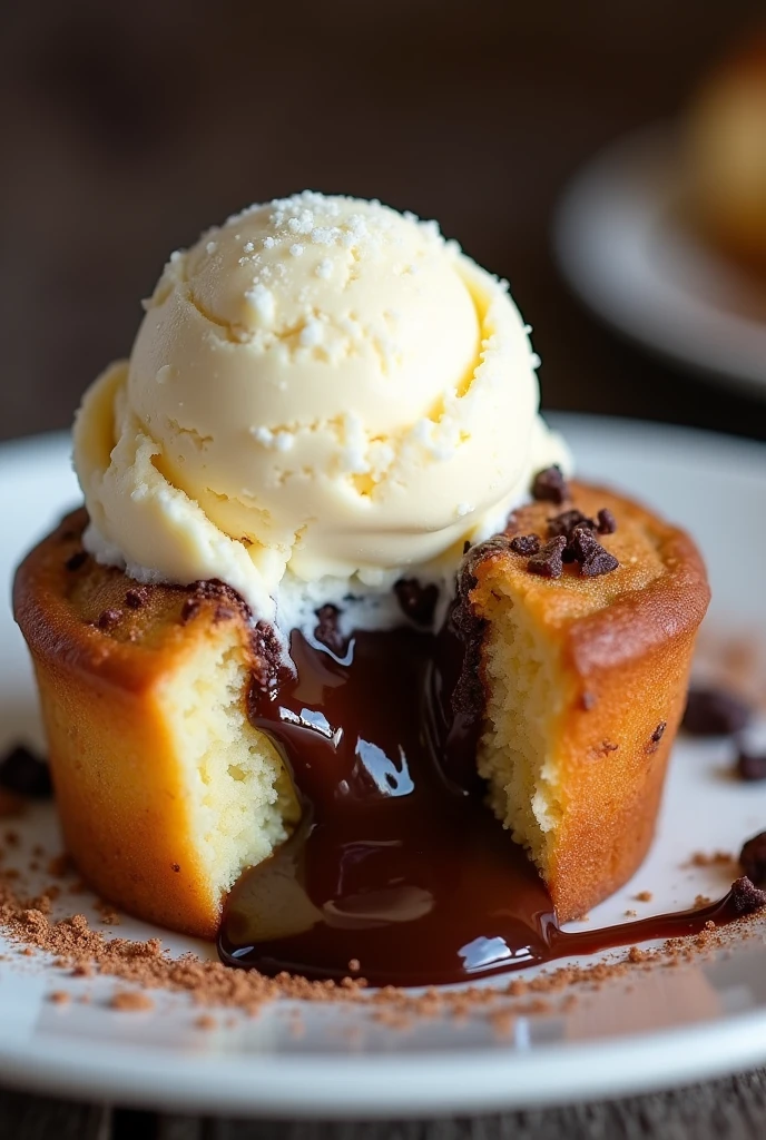 Muffin with melted chocolate inside and a scoop of vanilla ice cream on top of the muffin