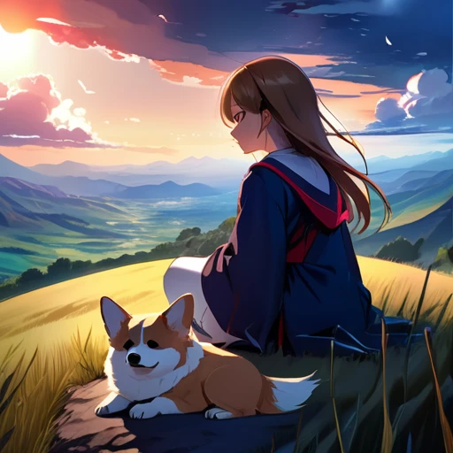 Requiem anime landscape of a girl&cute corgidog sitting on a hill with grasses with dark blue clouds, blue cere madder sky lightly big bell with few clouds, anime nature wallpapers, beautiful anime scene, beautiful anime peace scene, Makoto Shinkai Cyril Rolando, beautiful scene of anime, amazing wallpaper, anime art wallpaper 8k, anime background, art anime background, anime 4k wallpaper, anime art 4k wallpaper, anime art 4k wallpaper, prayer of requiem prayer of requiem