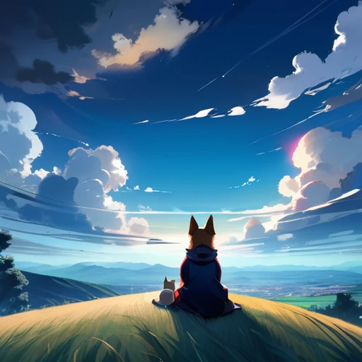 Requiem anime landscape of a girl&cute corgidog sitting on a hill with grasses with dark blue clouds, blue cere madder sky lightly big bell with few clouds, anime nature wallpapers, beautiful anime scene, beautiful anime peace scene, Makoto Shinkai Cyril Rolando, beautiful scene of anime, amazing wallpaper, anime art wallpaper 8k, anime background, art anime background, anime 4k wallpaper, anime art 4k wallpaper, anime art 4k wallpaper, prayer of requiem prayer of requiem
