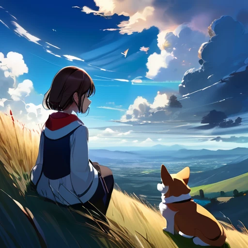 Requiem anime landscape of a girl&cute corgidog sitting on a hill with grasses with dark blue clouds, blue cere madder sky lightly big bell with few clouds, anime nature wallpapers, beautiful anime scene, beautiful anime peace scene, Makoto Shinkai Cyril Rolando, beautiful scene of anime, amazing wallpaper, anime art wallpaper 8k, anime background, art anime background, anime 4k wallpaper, anime art 4k wallpaper, anime art 4k wallpaper, prayer of requiem prayer of requiem