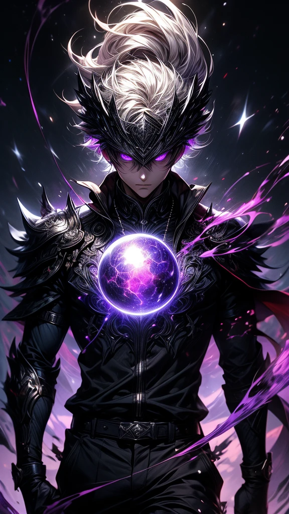 Masterpiece, best quality, high resolution, highly detailed, 1 young boy ( teenager ), young handsome face,  white hair ( light in the hair), purple eyes ( glowing eyes ), cold expression ( cold look ), wearing a black hoodie, and black pants, black watch, surrounded by the splendors of the universe, pay attention to stunning details, and achieve a resolution of k, floating in a dynamic pose, high quality, with a majestic aura of authority. Looking front, really short hair, black and purple armour, purple glowing orb on chest,