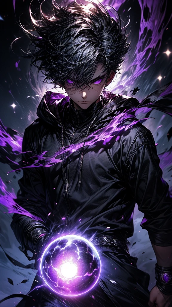 Masterpiece, best quality, high resolution, highly detailed, 1 young boy ( teenager ), young handsome face, white hair ( light in the hair), purple eyes ( glowing eyes ), cold expression ( cold look ), wearing a black hoodie, and black pants, black watch, surrounded by the splendors of the universe, pay attention to stunning details, and achieve a resolution of k, floating in a dynamic pose, high quality, with a majestic aura of authority. Looking front, really short hair, black and purple armour, purple glowing orb on chest,