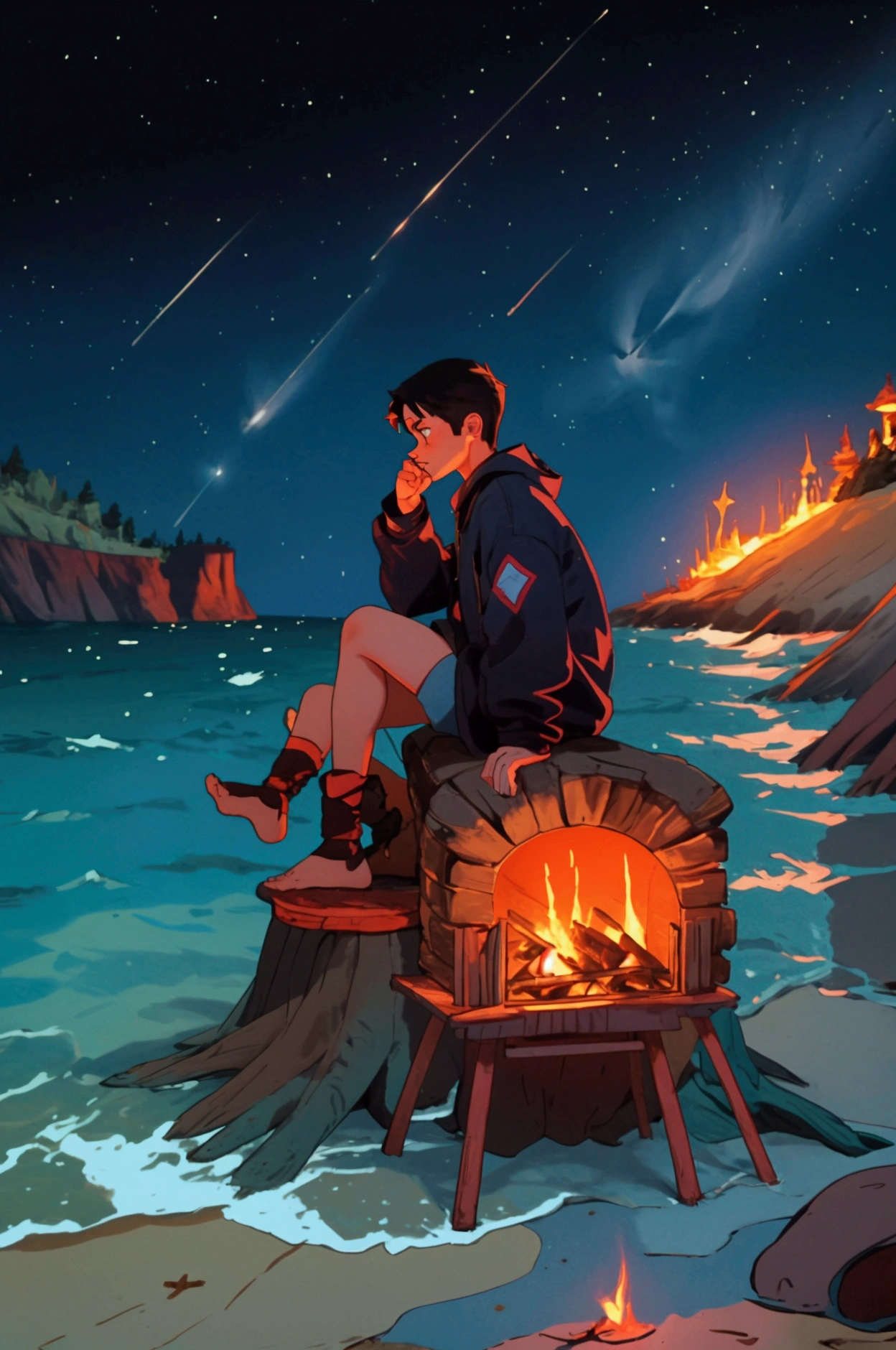 Create for me a boy on the beach sitting on a piece of log roasting machimelo on the fire near the water of the beach a cat watching the shooting stars 