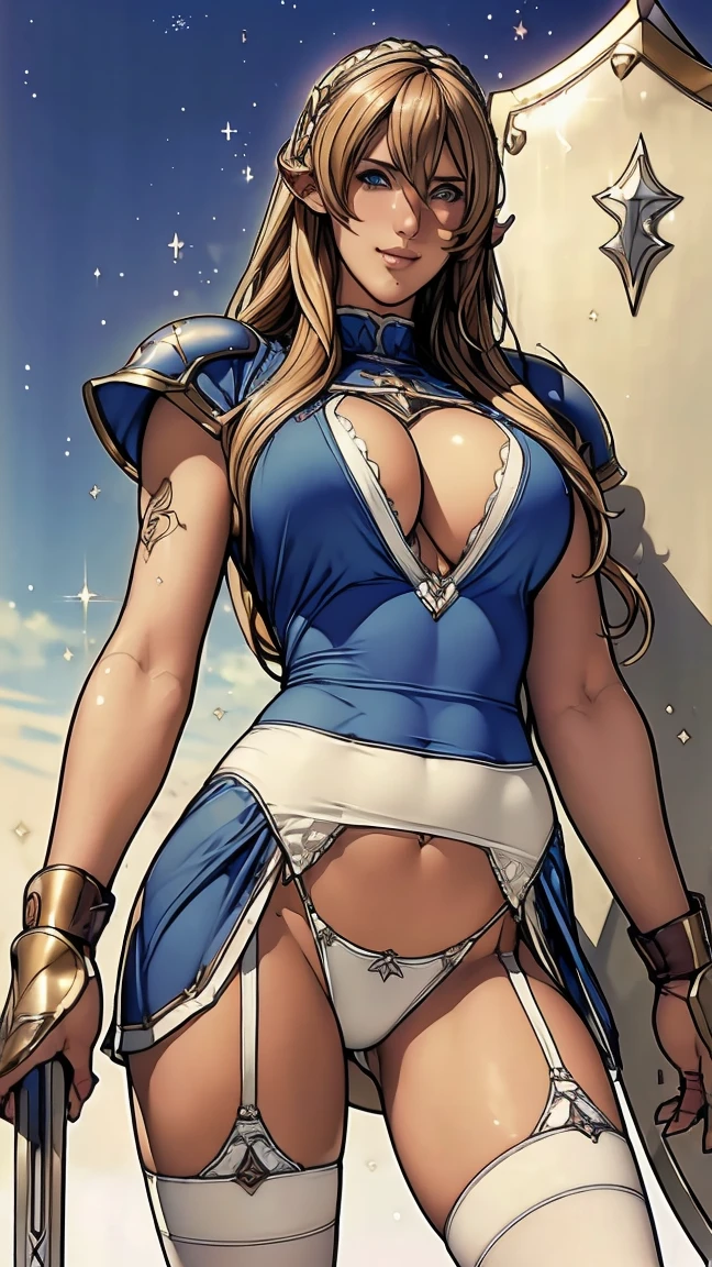 Browsing Caution,Sensual, Long blonde hair, Thick thighs, 8k, 4K, Highest quality, (High resolution:1.6), Cute anime face, Noise Reduction, (Sparkling Blue Eyes, A kind smile:1.3, Kind eyes:1.3)、Toned Abs, Muscular arms, Muscular legs,  Young Face, Anime Eyes, Sophitia Alexandra、(Sword in right hand:1.5)、(Equipped with a shield on the left arm:1.5)、(SFW Giant:1.9)、(Beautiful Nose:1.5)、Long tights、Knee-high boots、(garter belt:1.5)、Beautiful Hands、Beautiful fingers、(High cut thong:1.5)