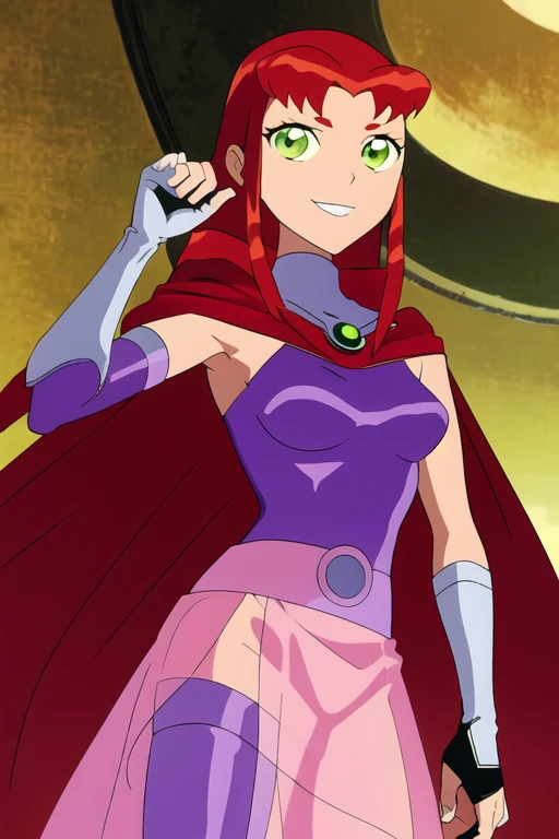 masterpiece, best quality, 1girl, starfire, red hair, long hair, green eyes, orange skin, cape, cloak, dress, long skirt, gloves, looking at viewer, solo, smile