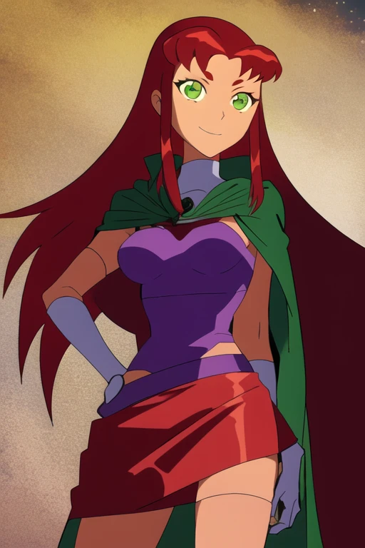 masterpiece, best quality, 1girl, starfire, red hair, long hair, green eyes, orange skin, cape, cloak, dress, long skirt, gloves, looking at viewer, solo, smile