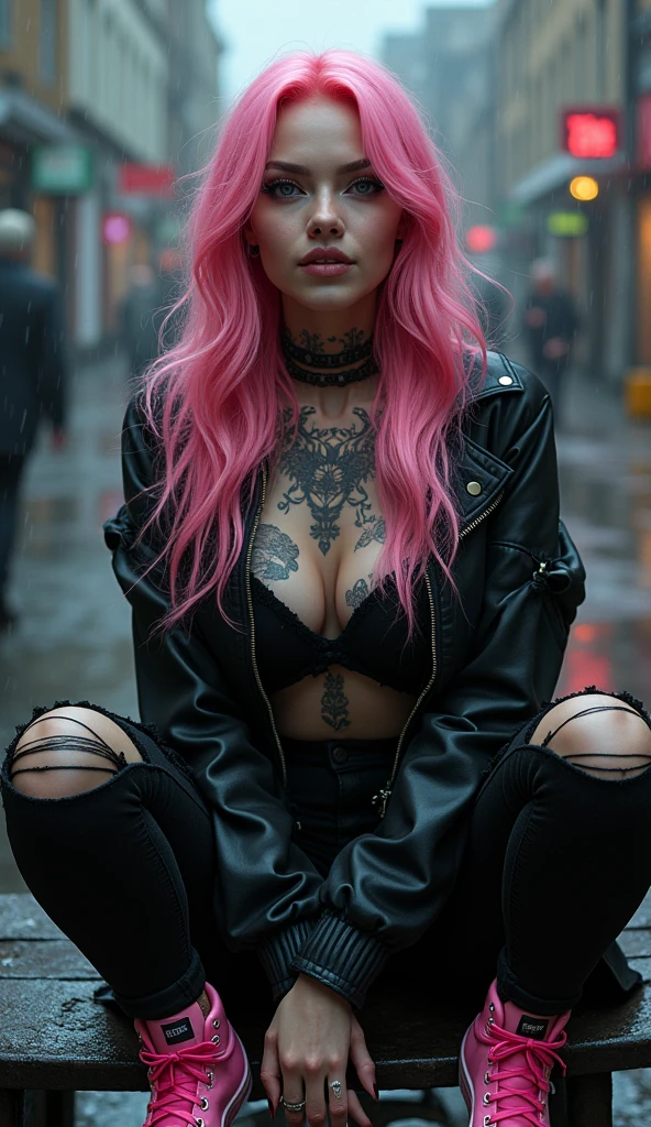 Detailed image / A beautiful white gothic woman, smiling, wet moist skin, long pink hair, full of black tattoos, big breasts, wearing a black jacket, wearing ripped black jeans, wearing pink high-top Nike sneakers, sitting on a bench in a rain-soaked square, close-up image, super realistic, ultra realistic high quality image, 4k, 8k lots of details, realistic lighting and skin tone, detailed dark background