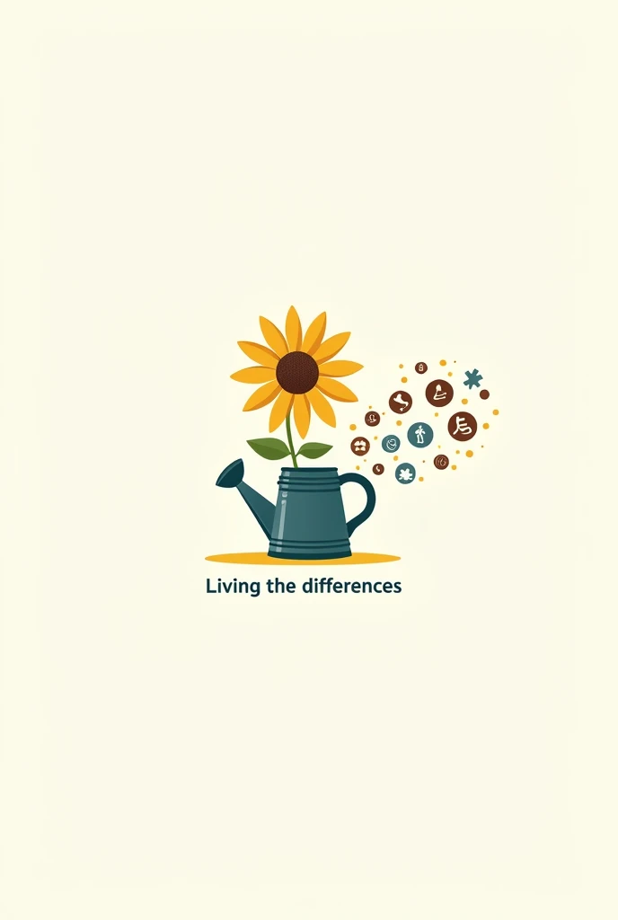 Create a logo for special children, where there is a sunflower that represents Down syndrome being watered by a watering can that instead of water coming out of this watering can, various symbols that represent special people come out. Below the logo it says Living the differences