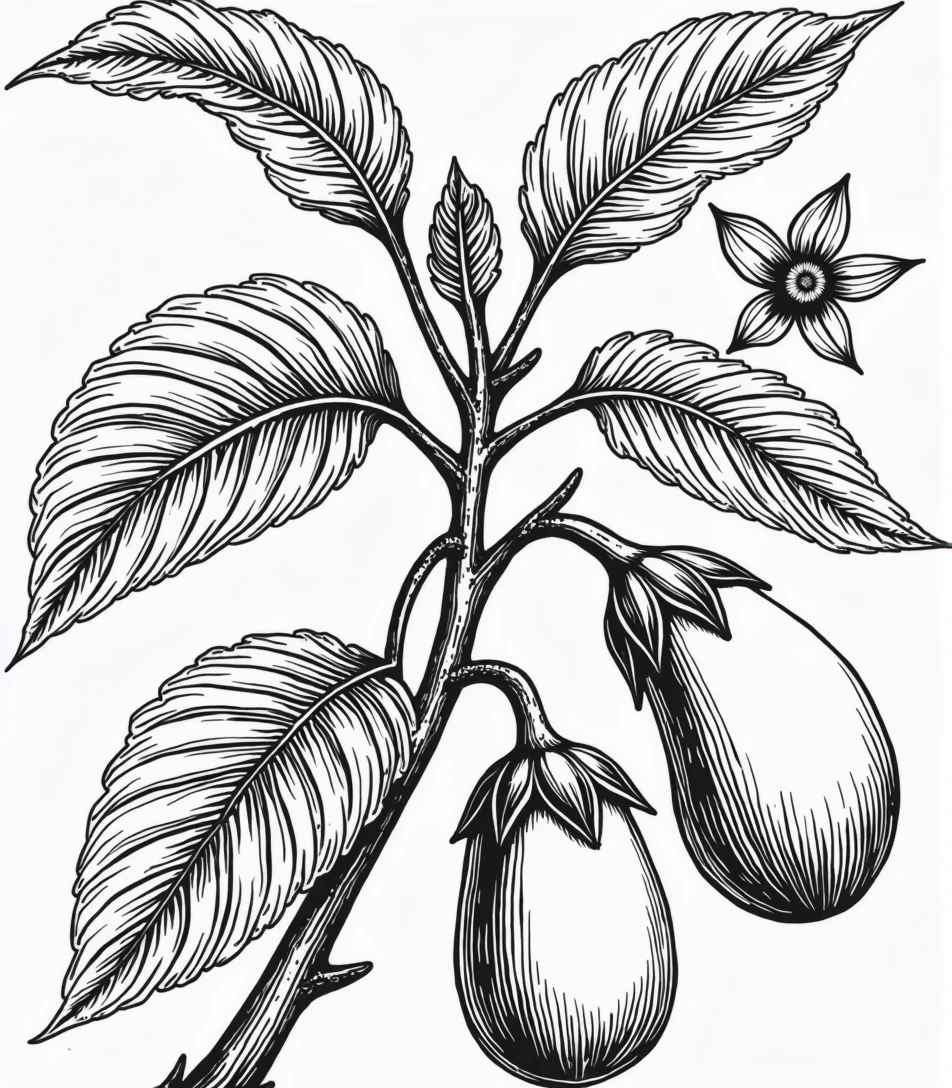 detailed, black and white botanical illustration of an eggplant plant. The image should prominently feature the plant's large leaves, a tiny eggplant flower flower star shaped 5 edges, and two big eggplants. The style should resemble a vintage botanical drawing with light line work and minimal black shading, focusing on the natural elements without heavy shadows