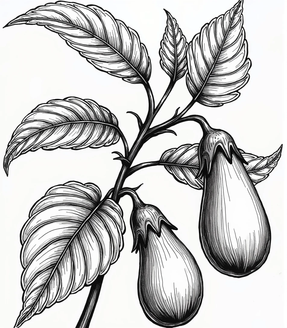 detailed, black and white botanical illustration of an eggplant plant. The image should prominently feature the plant's large leaves, a tiny eggplant flower flower star shaped 5 edges, and two big eggplants. The style should resemble a vintage botanical drawing with light line work and minimal black shading, focusing on the natural elements without heavy shadows