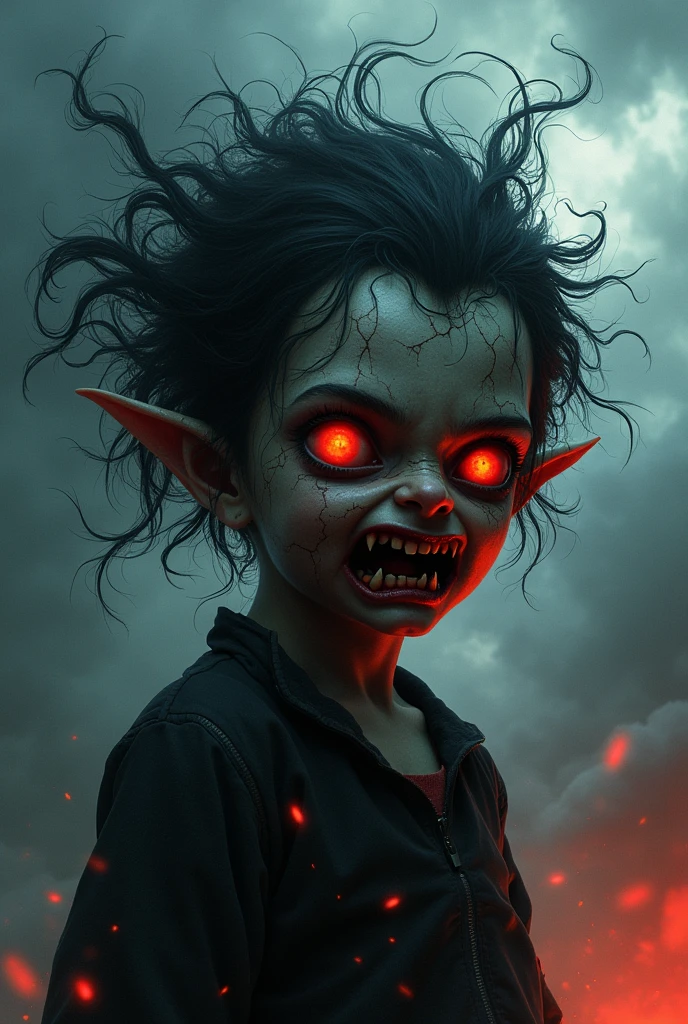 A haunting depiction of a demonic child with dark, cracked skin and glowing red eyes, screaming in rage. The child's face is distorted with sharp, pointed teeth, and her wild hair appears almost alive, twisting into chaotic shapes. The background is a stormy sky, with ominous clouds and hints of red glowing embers, adding to the eerie and unsettling atmosphere. The style is dark, intense, and highly detailed, emphasizing the terrifying and malevolent presence of the figure.