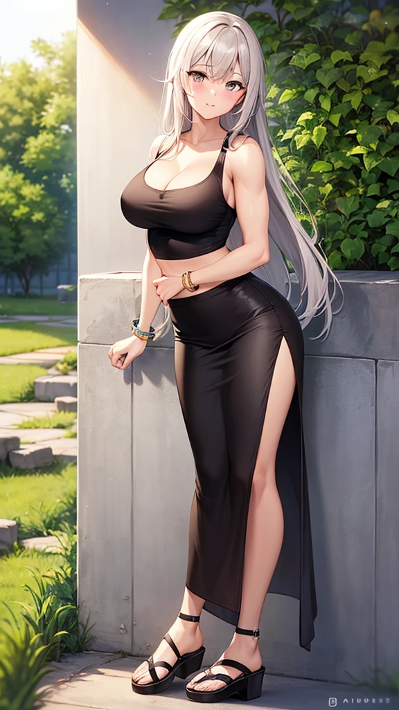 masterpiece, best quality, 1girl, adult female, beautiful business woman with long hair, dark gray hair, straight hair, shoulder hair, large bust, cleavage, tank top, midriff, abs, muscles, belly button, long pencil skirt, maxi pencil skirt, business suit skirt, long skirt:1.3, sandals, bracelets, summer, garden, looking at viewer, bright eyes, blush, leaning to the side,