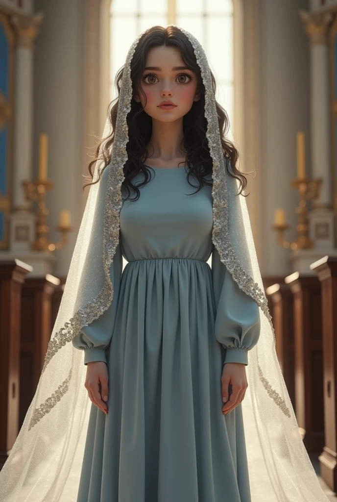 fat girl, white skin and brown eyes with almost long curly dark hair standing at a mass with a white sequined veil the size of her hair, with a light blue dress Modest and long and without necklines