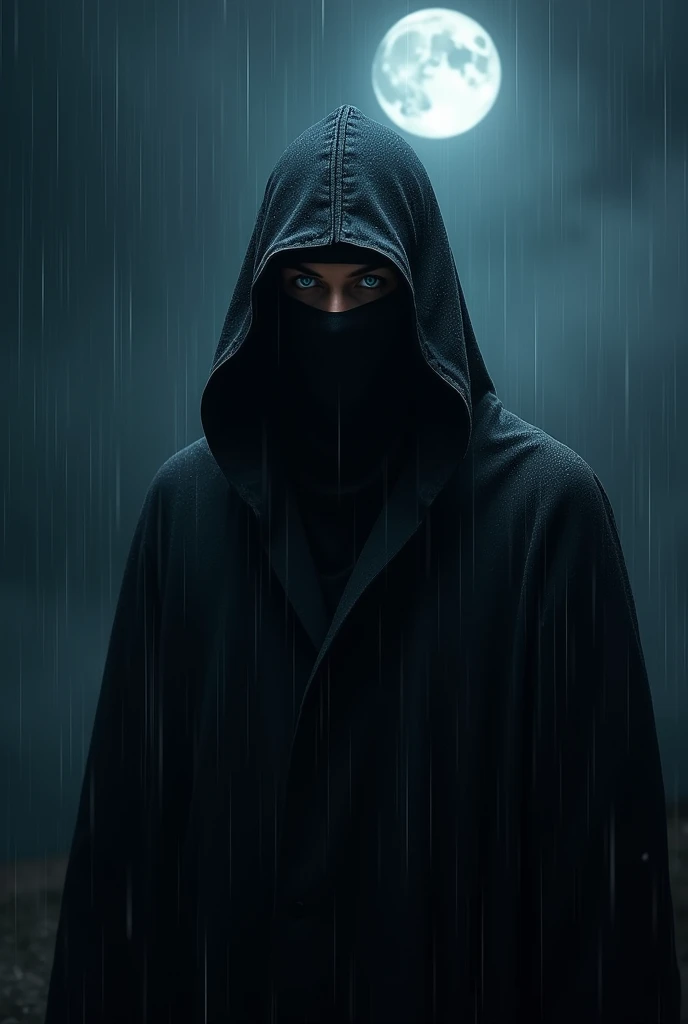 The assassin macmillan with black cloth in dark night with a black mask dark blue eyes until heavy raining  with black sky and the moon




 