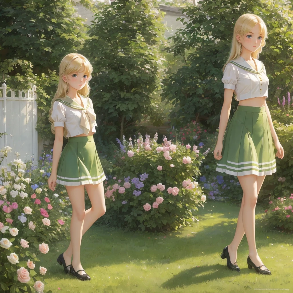 3 girls, long hair, Big , Blushing, blond, Green-eyed sailor suit short skirt 1933 style cute and beautiful girl 18 years old in the garden beautiful long legs high resolution, best quality, masterpiece, Lift skirt mini skirt take off clothes top semi-transparent, translucent underwear 