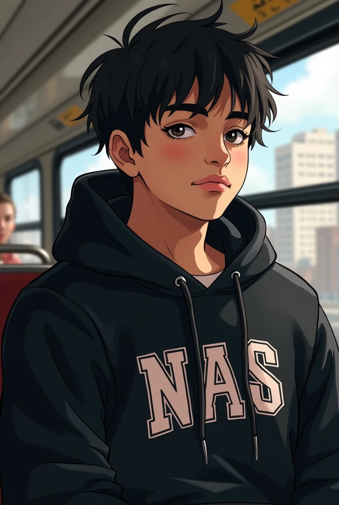 A white-skinned man, but not so white, with normal facial features, but also handsome., by the fluffy style, sitting on a bus, black messy hair with a black street hoodie I want a realistic photo and not like an anime or cartoon and with a wider face with Chilean features, Spanish or Italian and the sweatshirt has either NAS or 2Pac Shakur printed on it and a wider face and is not so skinny and long and with a face that is a little more plump