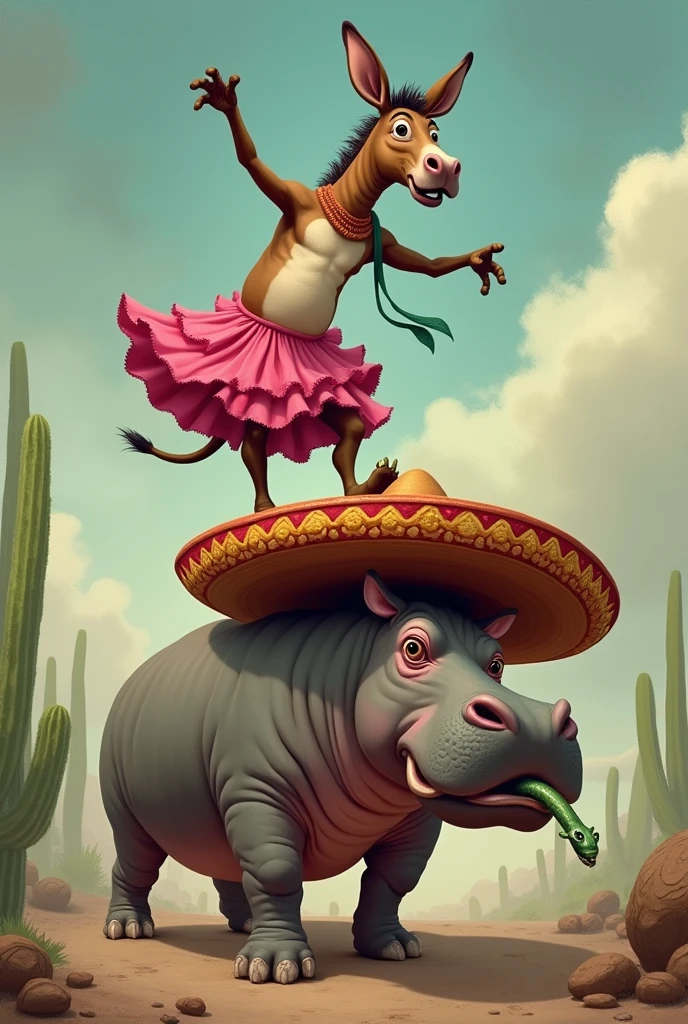 A donkey dancing samba in a pink skirt on top of an orange hippopotamus wearing a Mexican hat with a snake in its mouth and a bruise on its eye.