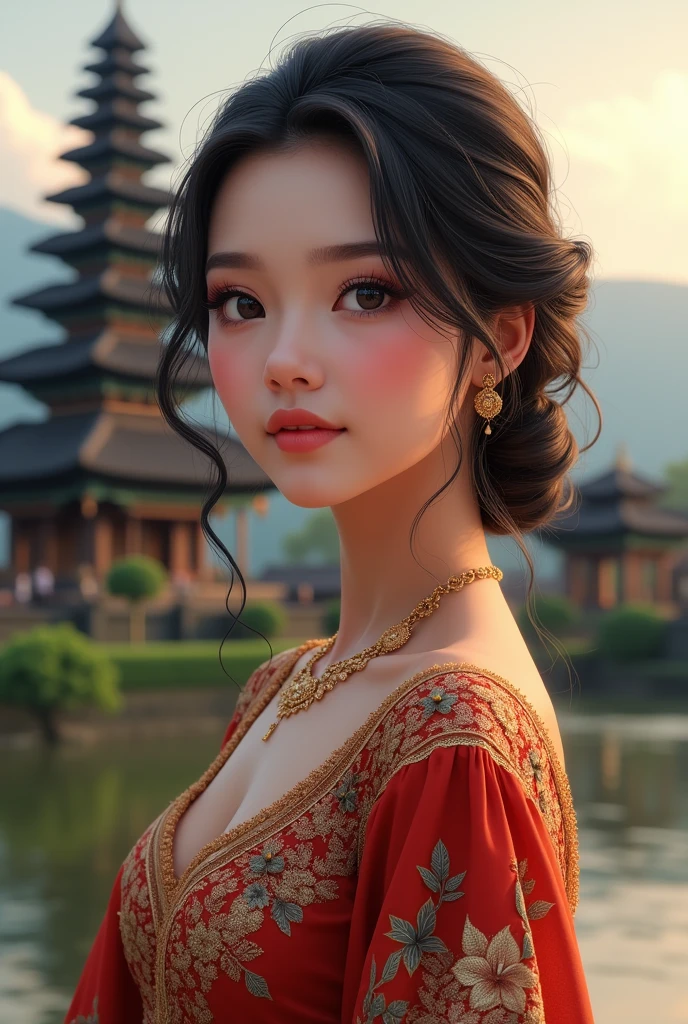 Illustrate a beautiful girl close up dressed in kebaya, set against the backdrop of a Balinese temple. Ensure that the image is photorealistic and of top-quality 8K HDR, capturing every intricate detail of the scene.,kebaya,kebaya indonesia,p3rfect ,cleavage
