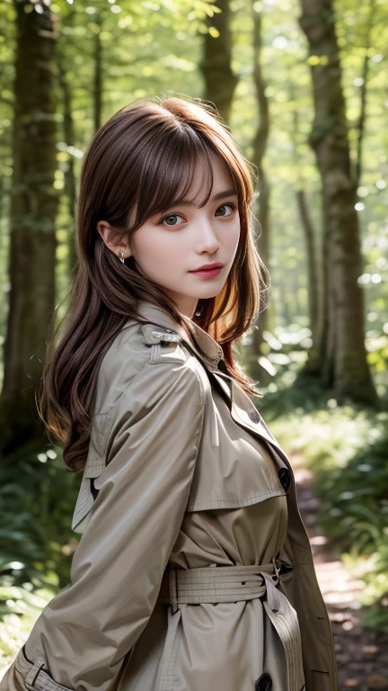 1 girl, very bright backlighting, solo, {beautiful and detailed eyes},large breasts, calm expression, natural and soft light, hair blown by the breeze, delicate facial features, Blunt bangs, beautiful russian girl,eye smile, very small earrings, 22yo, ((model pose)), Glamor body type,(half red and half brown hair,short wavy hairstyle:1.2), flim grain, realhands, masterpiece, Best Quality, photorealistic, ultra-detailed, finely detailed, high resolution,brown messy hair, perfect dynamic composition, beautiful detailed eyes, russian girl,((nervous and embarrassed)),sharp-focus, beautymix, FilmGirl,smile,(wearing a trench coat:1.3),(standing through the woods in a park in England,gazing into the distance:1.3),(cowboy shot:1.3),facing reality,(cloudy sky:1.3)