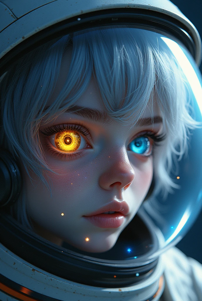(Close-up of a better masterpiece:1.5)0.9], (Space and astronauts:1.2) (Messy silver hair:1.1) (Heterochromia xanthochromia and blue eyes:1.2) (Space Helmet:1.0) (Colored stars in the eyes:1.0) (A radiant glow:1.1) (thick lips:0.9) de copo inteiro 