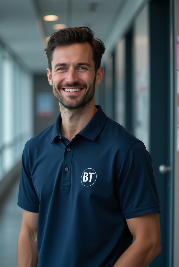 Make me a worker who works in the management of comprehensive risk administration, that he has clothes shaped like the top is dark blue and has a logo that says BT